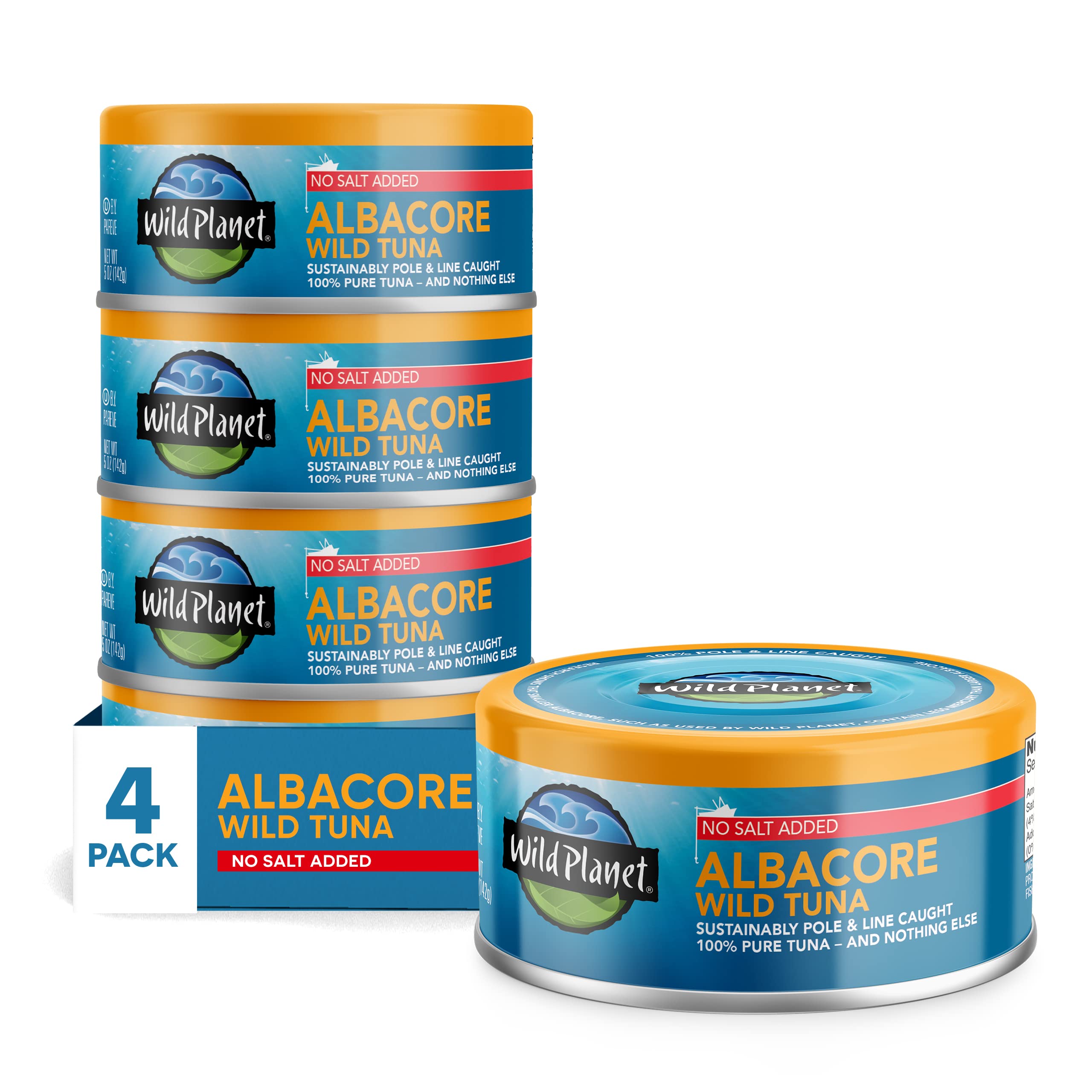 Wild Planet front pack of four 5 ounce cans showing label and convenience benefit