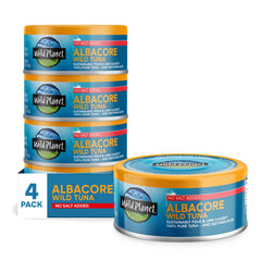 Wild Planet front pack of four 5 ounce cans showing label and convenience benefit