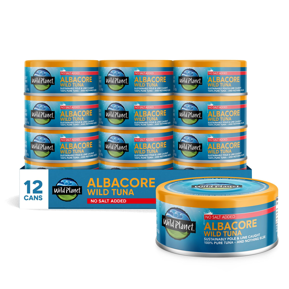 Wild Planet front packaging 5oz can showing no salt added and pack of 12 for convenience