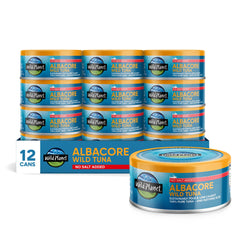 Wild Planet front packaging 5oz can showing no salt added and pack of 12 for convenience