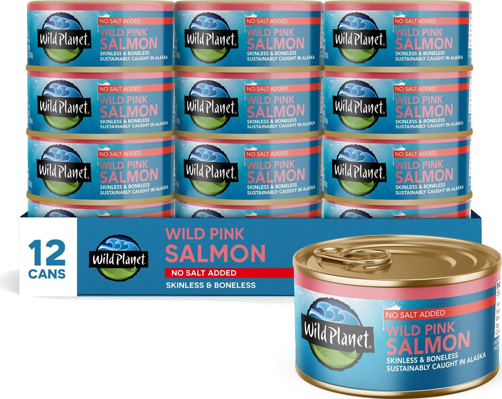 Wild Planet front packaging showing 6 oz can and no salt added benefit