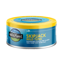 Wild Planet open can with intact skipjack steak in natural juices for ready-to-eat convenience