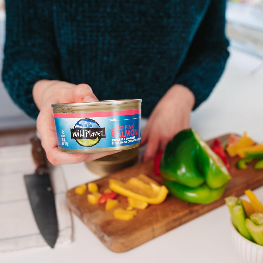 Wild Planet cans on pantry shelf demonstrating long-term storage benefit