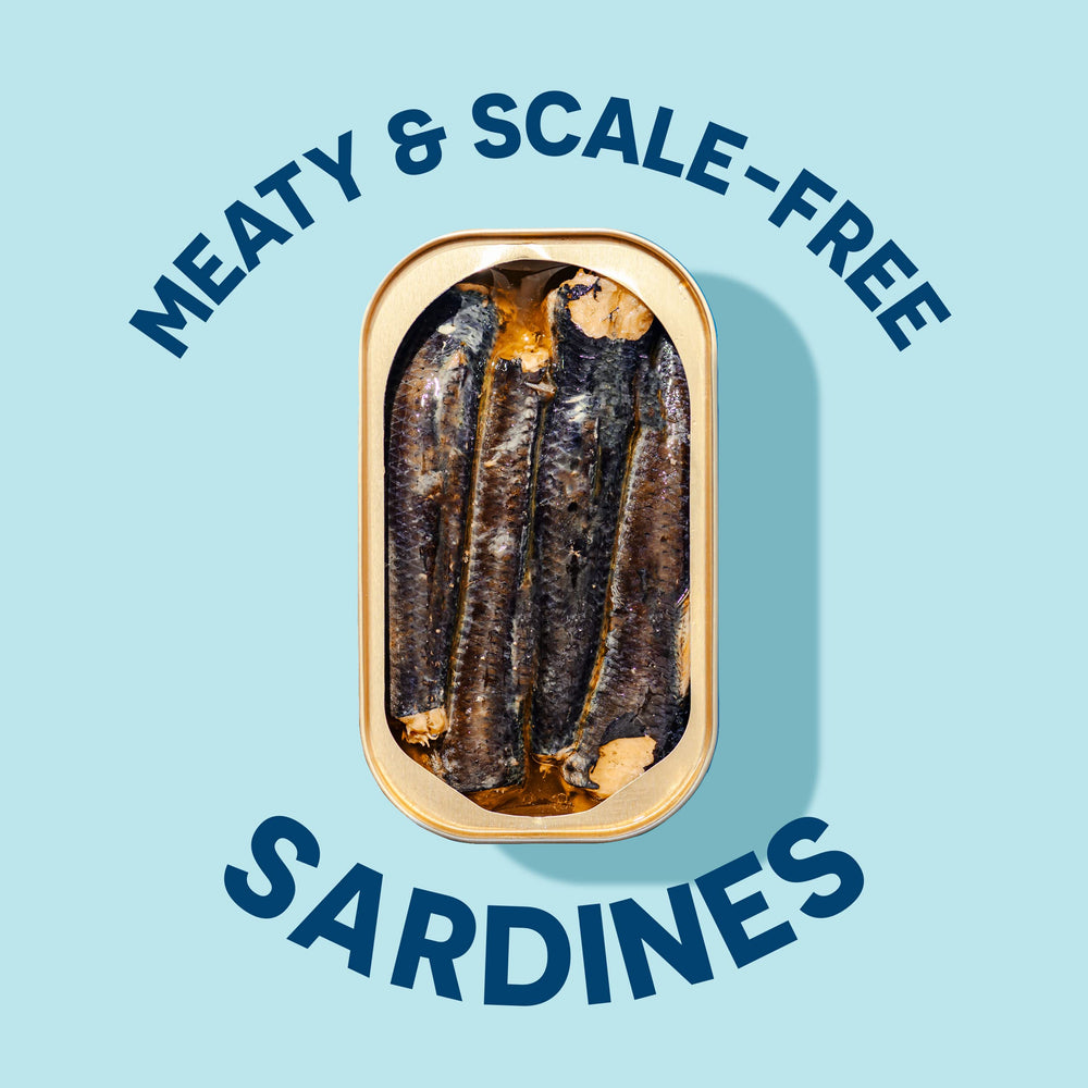 Wild Planet close-up of sardine texture and light smoke finish highlighting meaty, scale-free flesh