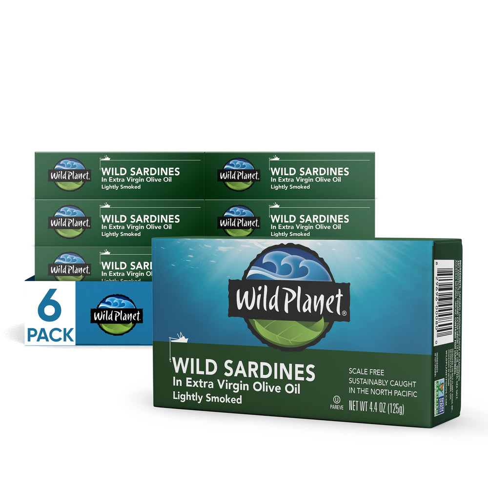 Wild Planet sardines front of can showing label and ready-to-eat benefit