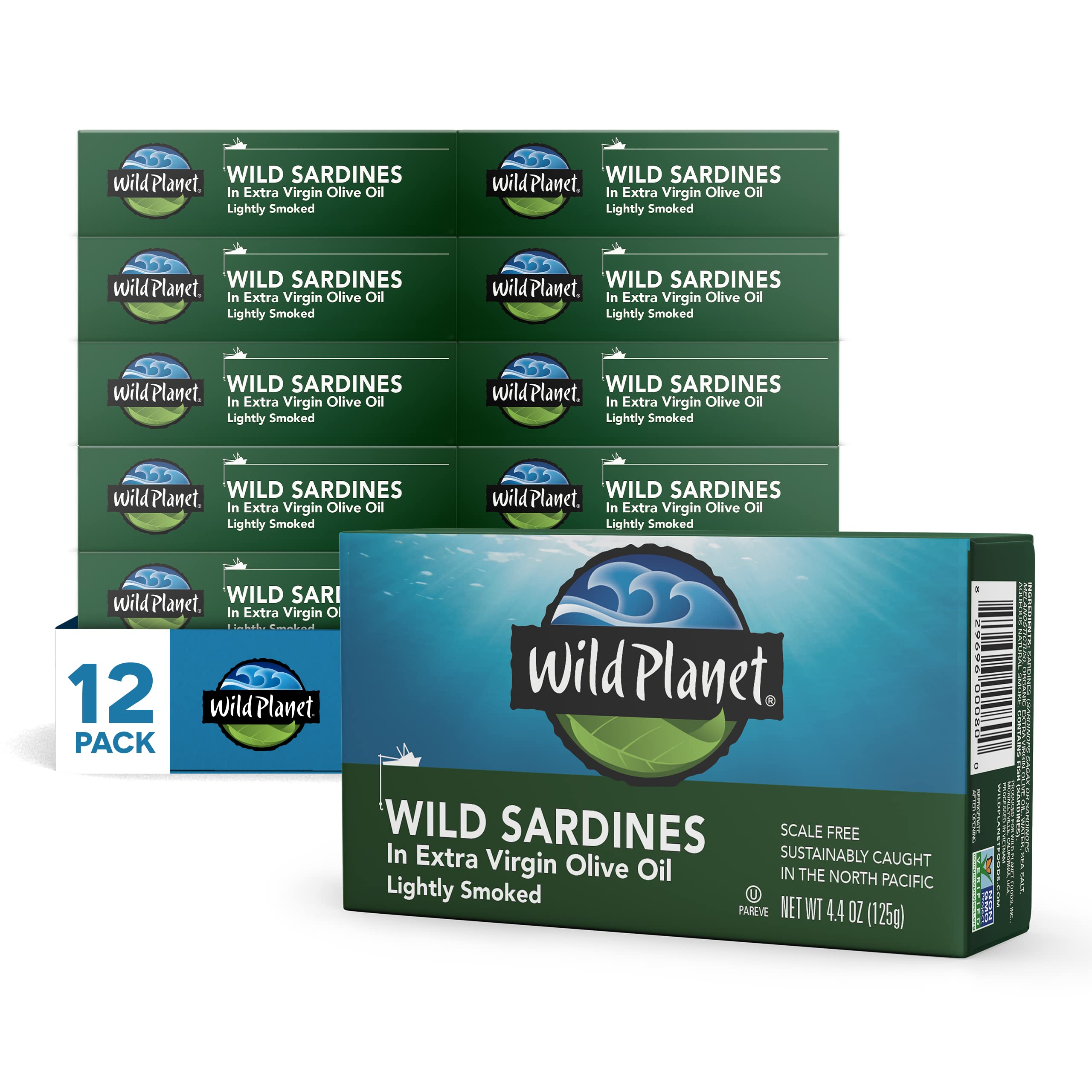 Wild Planet front packaging showing lightly smoked sardines in olive oil and product label benefit