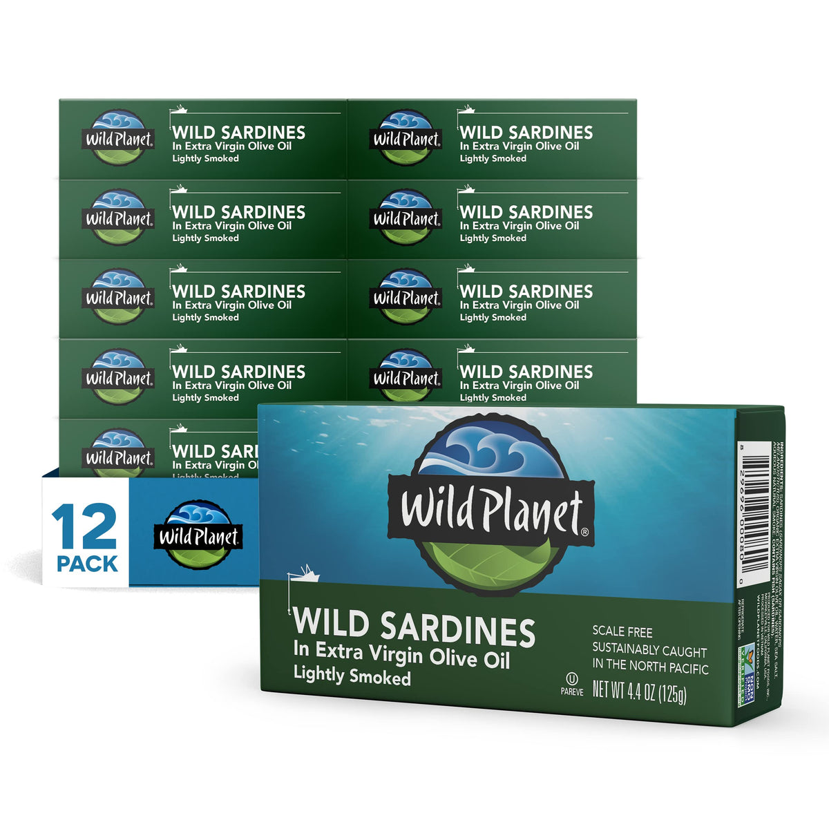 Wild Planet front packaging showing lightly smoked sardines in olive oil and product label benefit