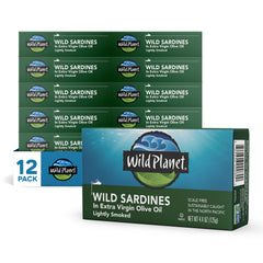 Wild Planet front packaging showing lightly smoked sardines in olive oil and product label benefit