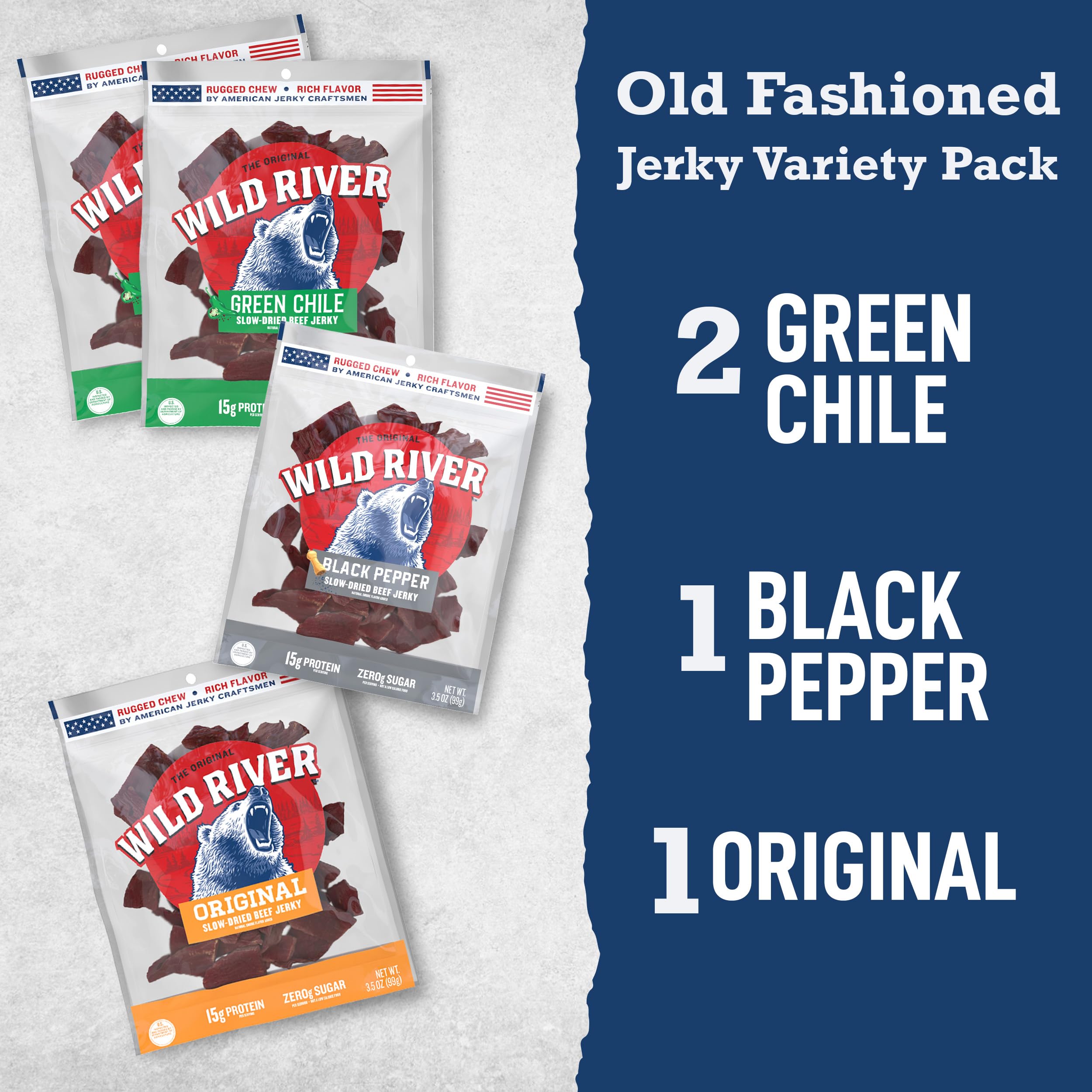 Wild River opened bag with pieces visible illustrating real beef and resealable convenience