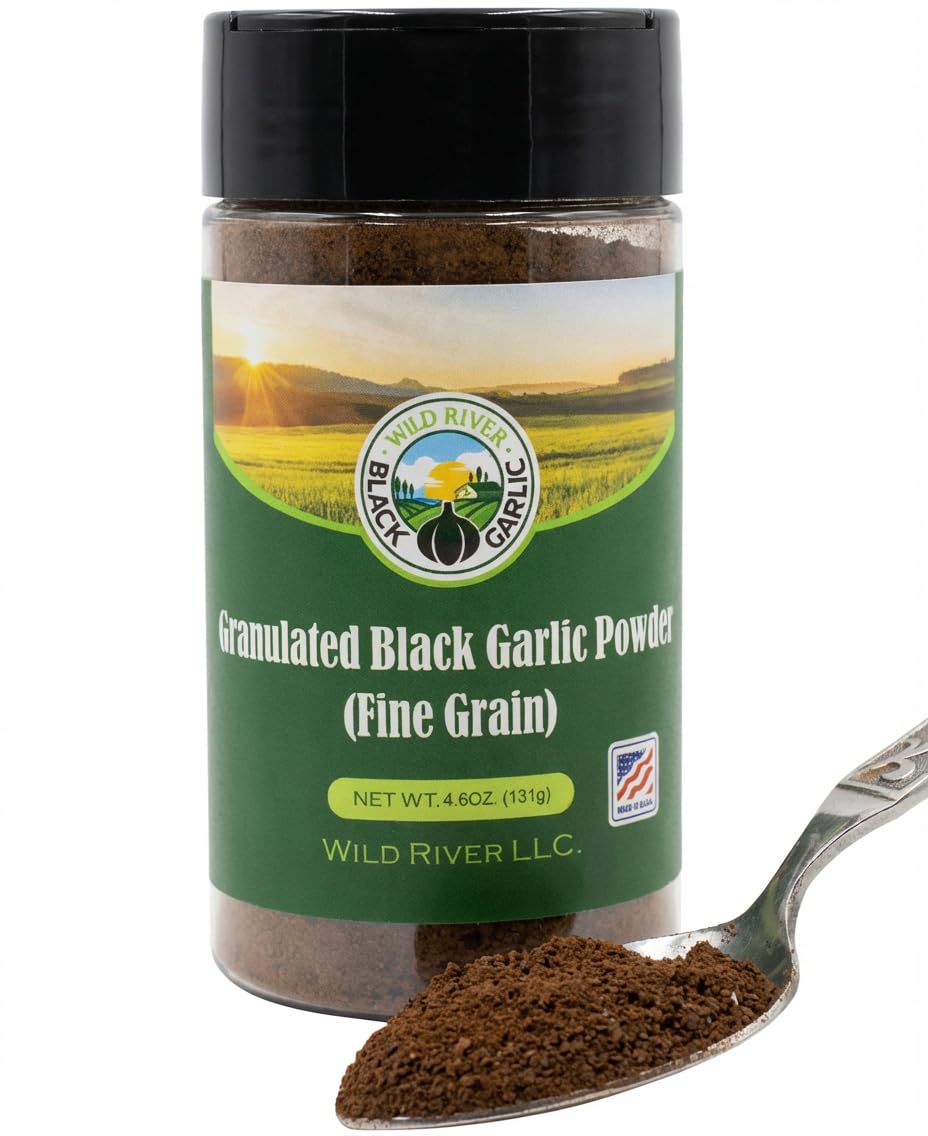 Wild River Black Garlic front packaging showing pure fine-grain powder benefit