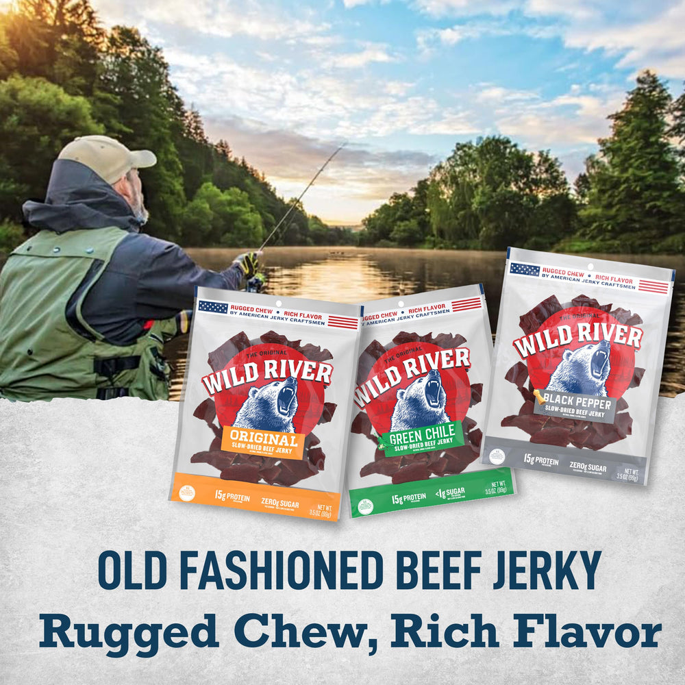 Wild River close-up of jerky texture highlighting slow-dried chew and deep savory color