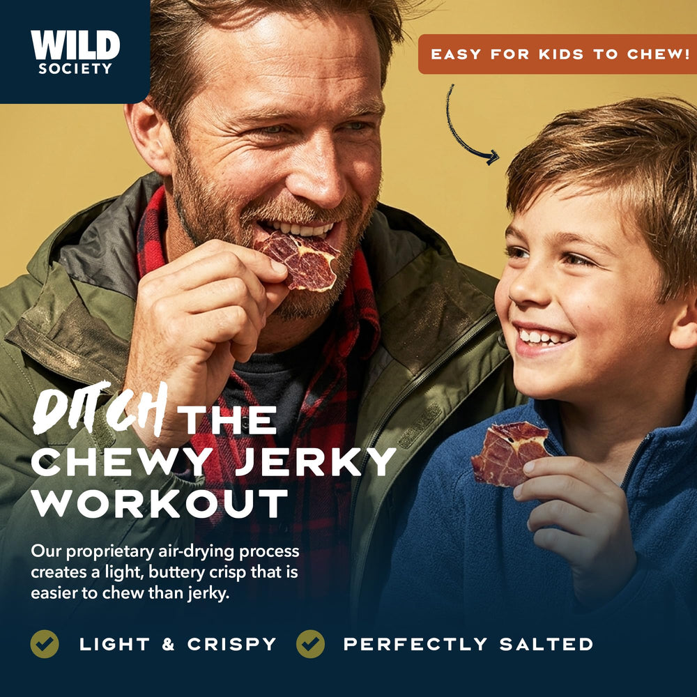 Wild Society open bag displaying thin beef crisps for convenient grab-and-go snacks