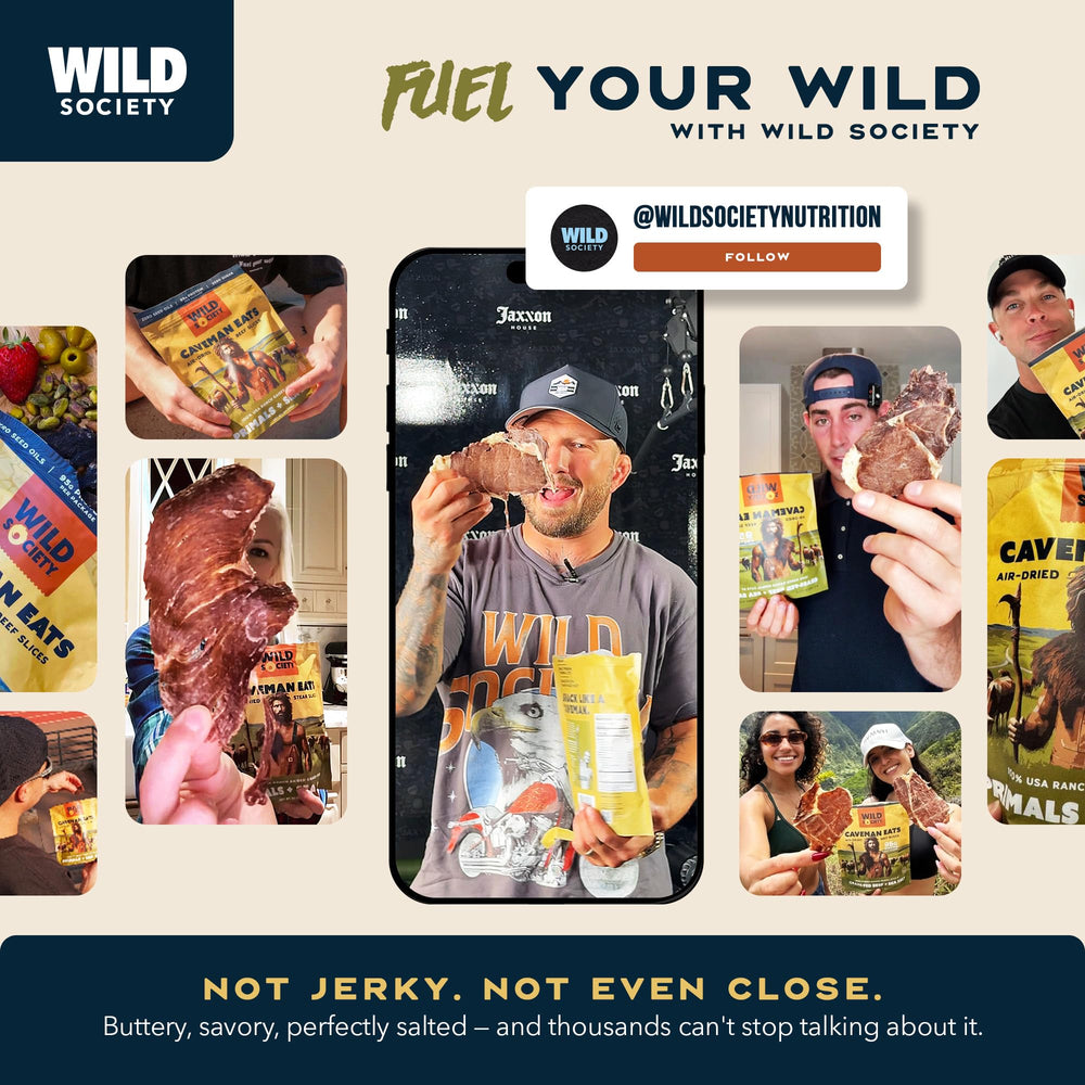 Wild Society person snacking outdoors showing durable travel-ready protein option