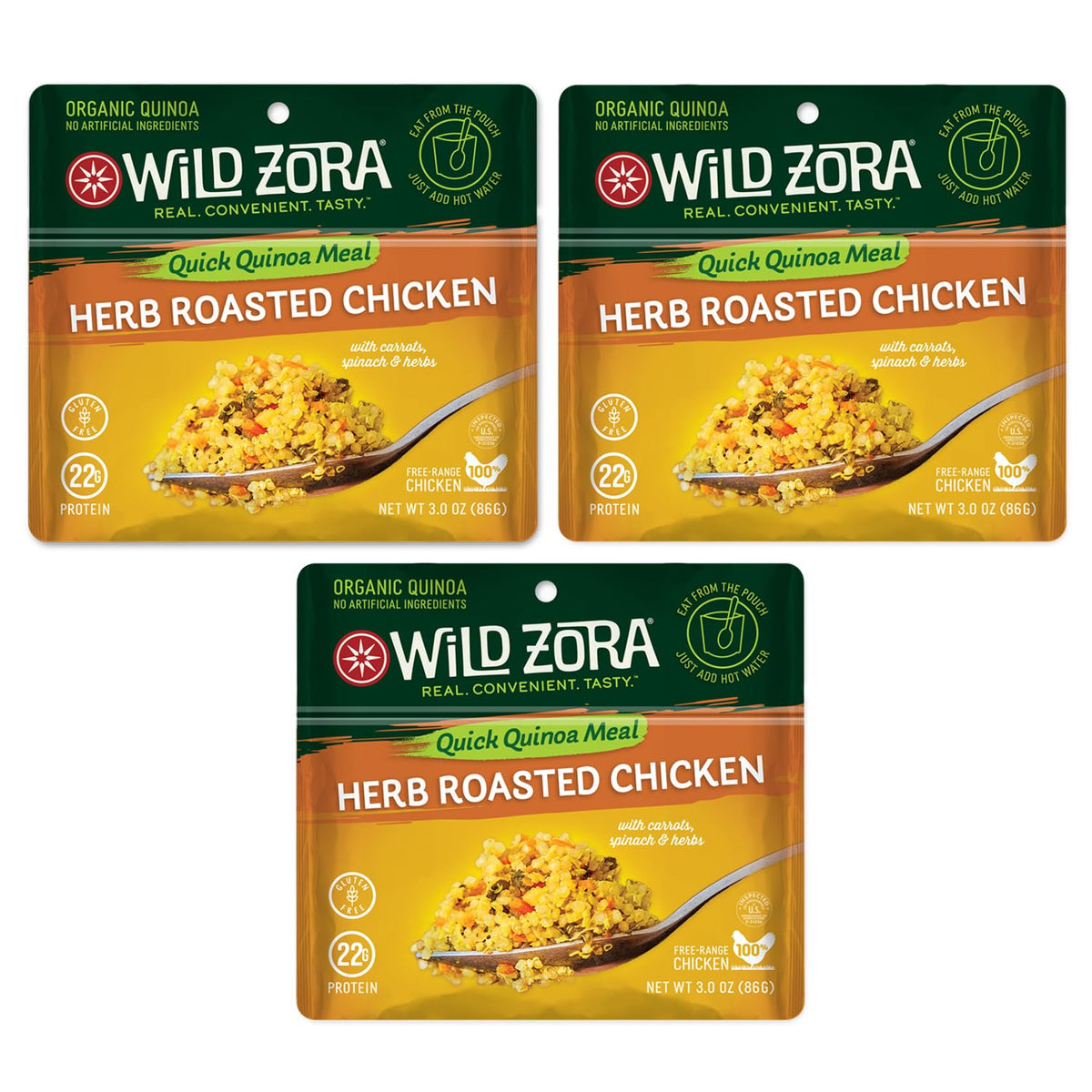 Wild Zora front packaging showing herb roasted chicken quinoa bowl and benefits