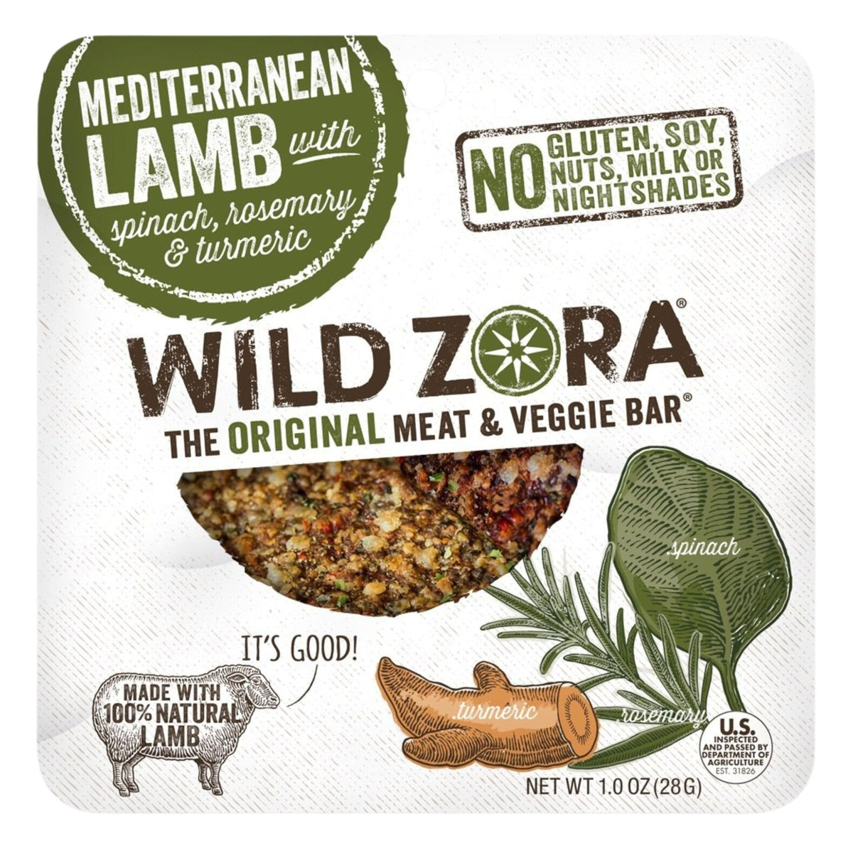 Wild Zora front packaging showing 8-pack and Mediterranean lamb benefit