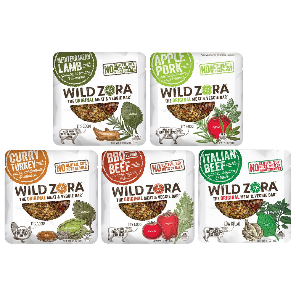 Wild Zora front packshot showing variety 5-pack and clean ingredients benefit