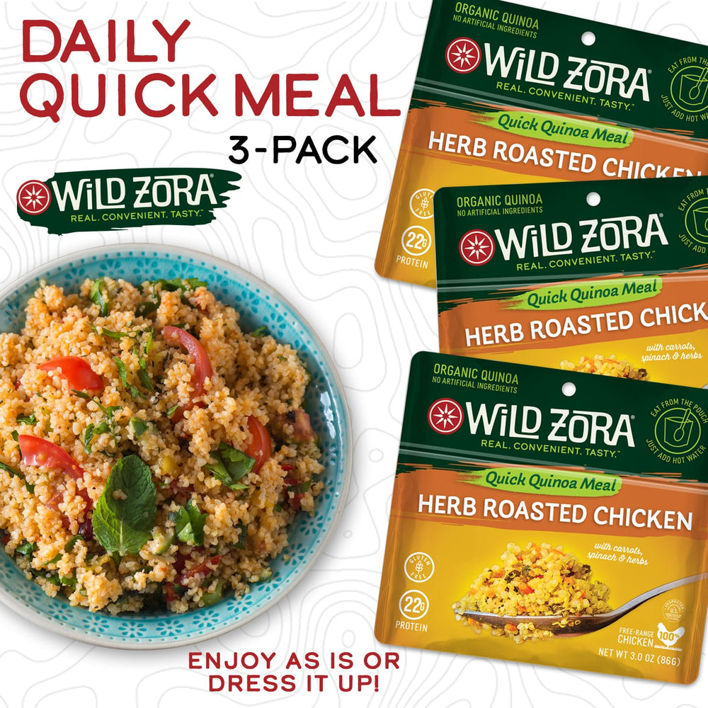 Wild Zora olive oil packet beside rehydrated bowl showing added flavor benefit