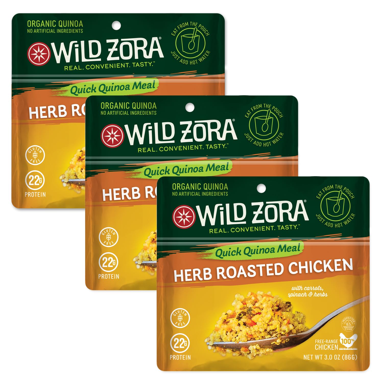 Wild Zora open pouch close-up of quinoa texture and visible veggies for satisfaction