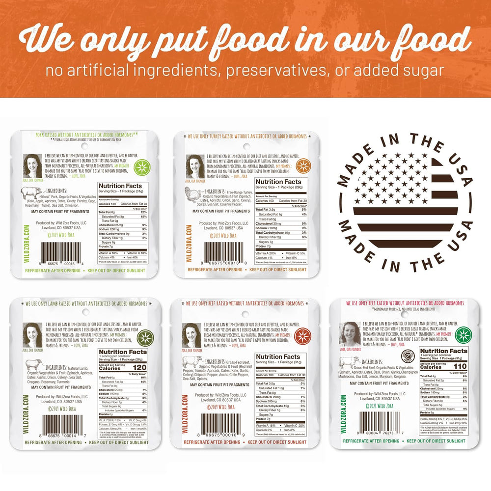 Wild Zora single bar unwrapped with visible meat and veggies for quick protein