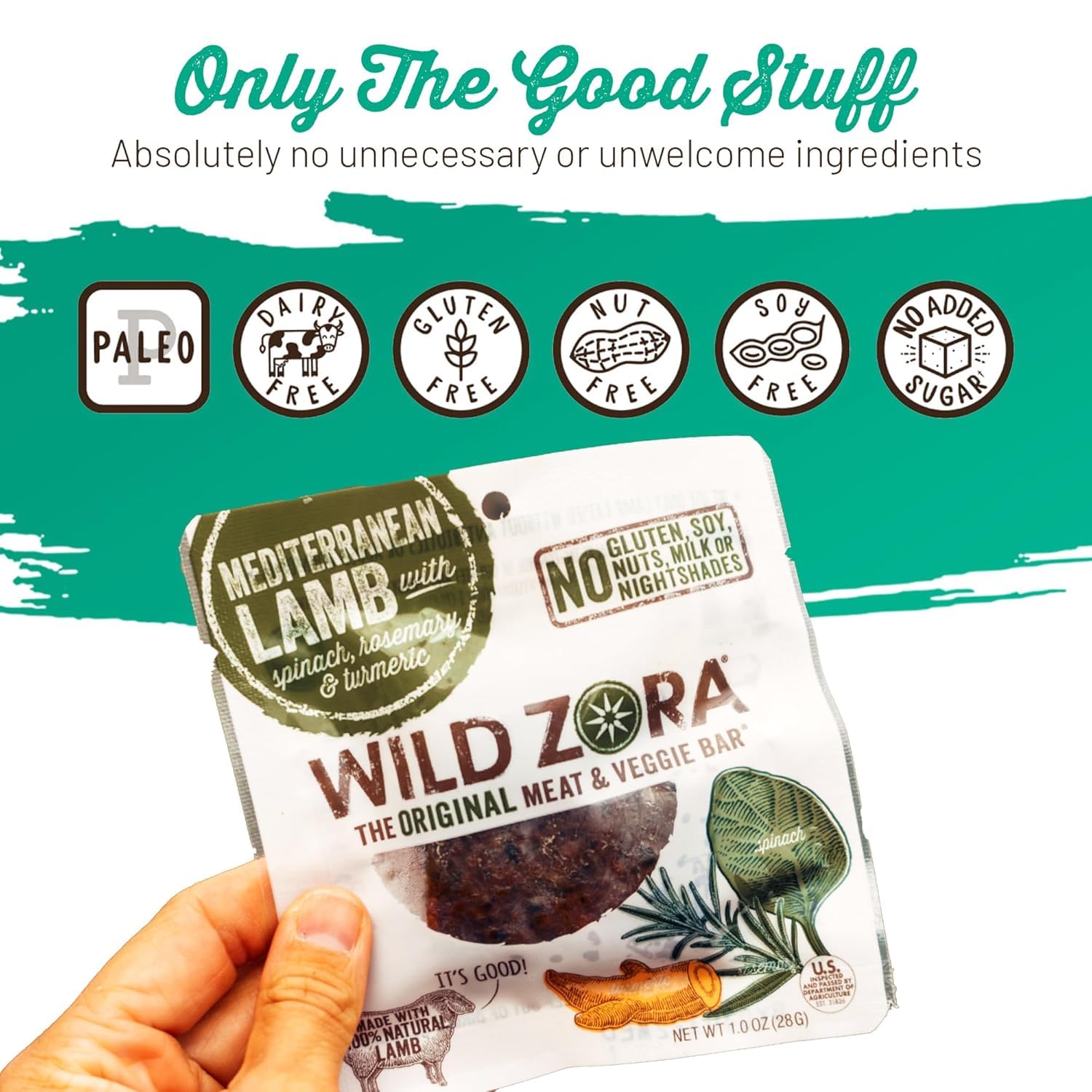 Wild Zora size comparison beside hand showing portable snack convenience