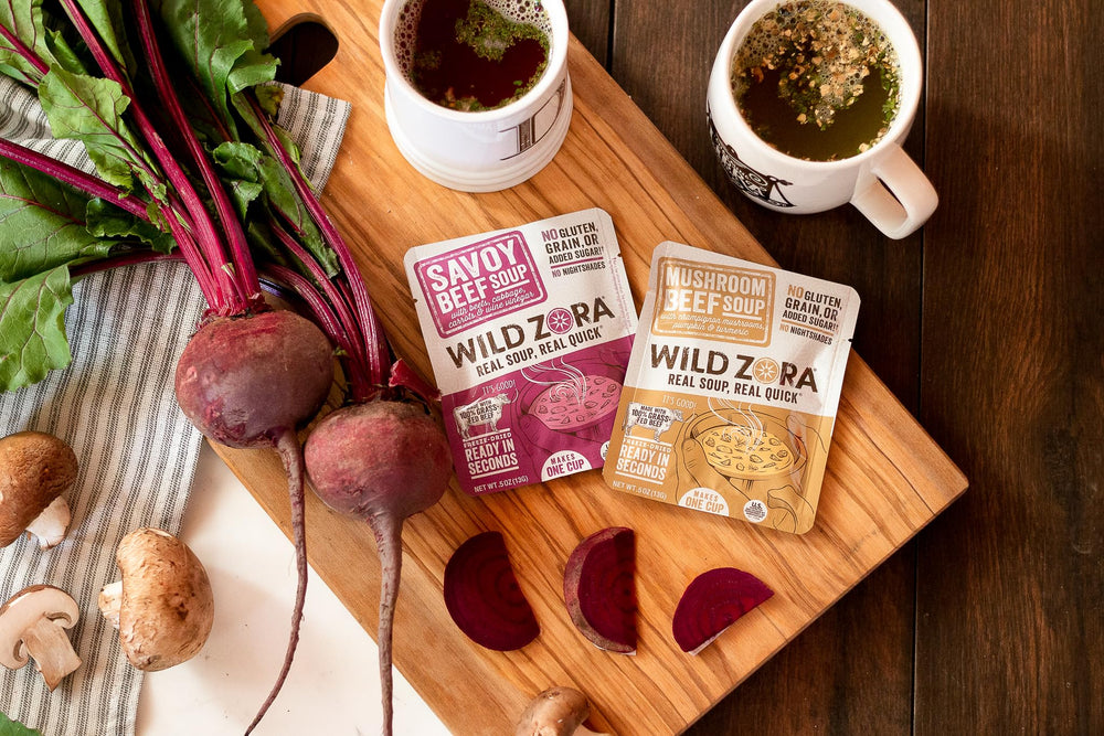 Wild Zora variety layout five pouches displaying flavor selection benefit