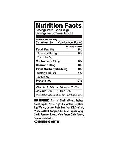 Back of bag shows nutrition facts and benefits of Wilde Chips high-protein content