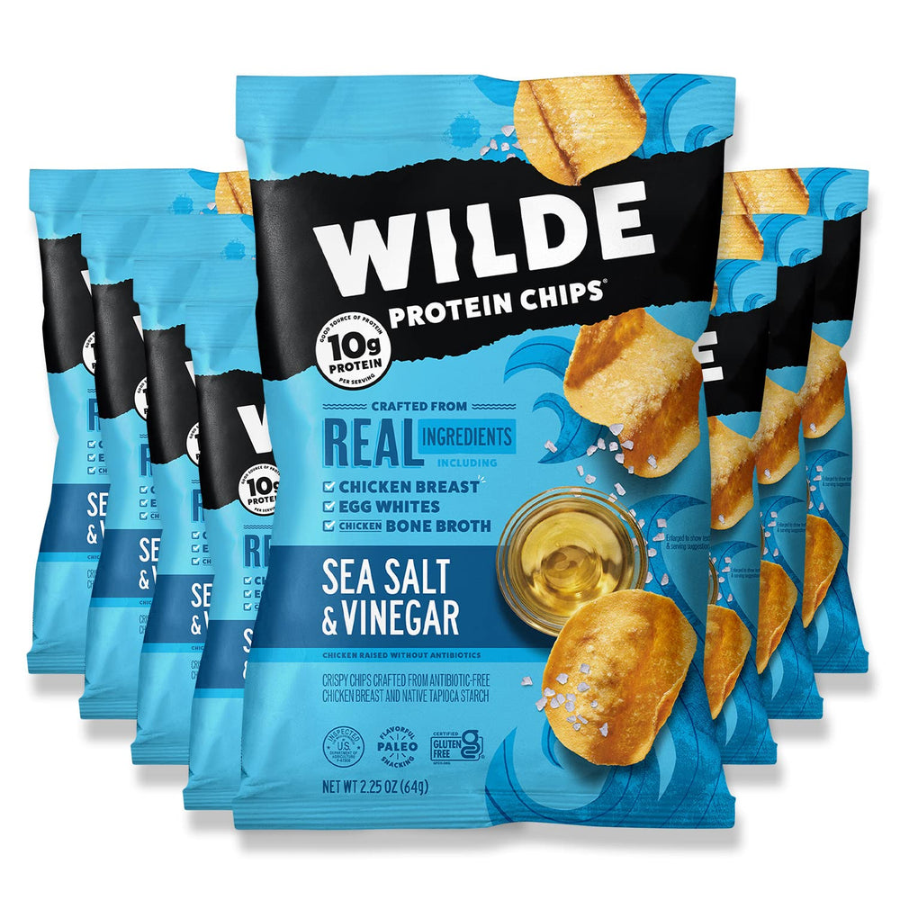 Wilde Chips front packaging showing sea salt and vinegar flavor and snack benefit