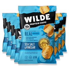 Wilde Chips front packaging showing sea salt and vinegar flavor and snack benefit
