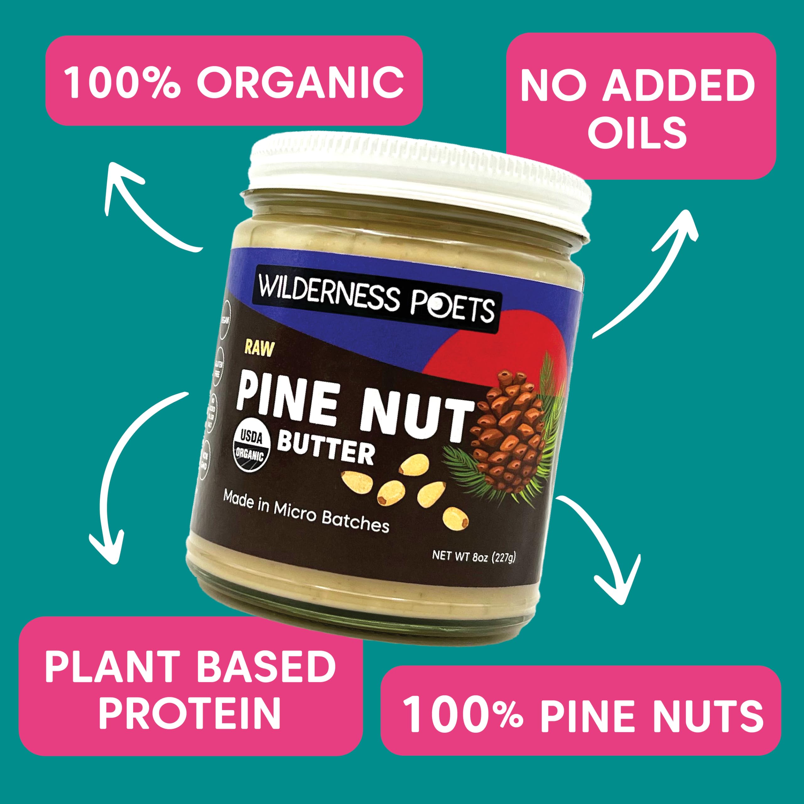 Wilderness Poets raw organic pine nuts ingredient shot emphasizing single-ingredient quality