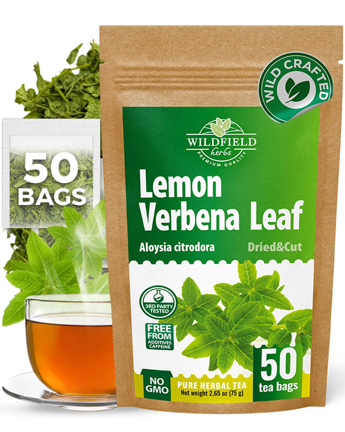 WILDFIELD HERBS boxed front view showing 50 tea bags and branding, indicating convenience
