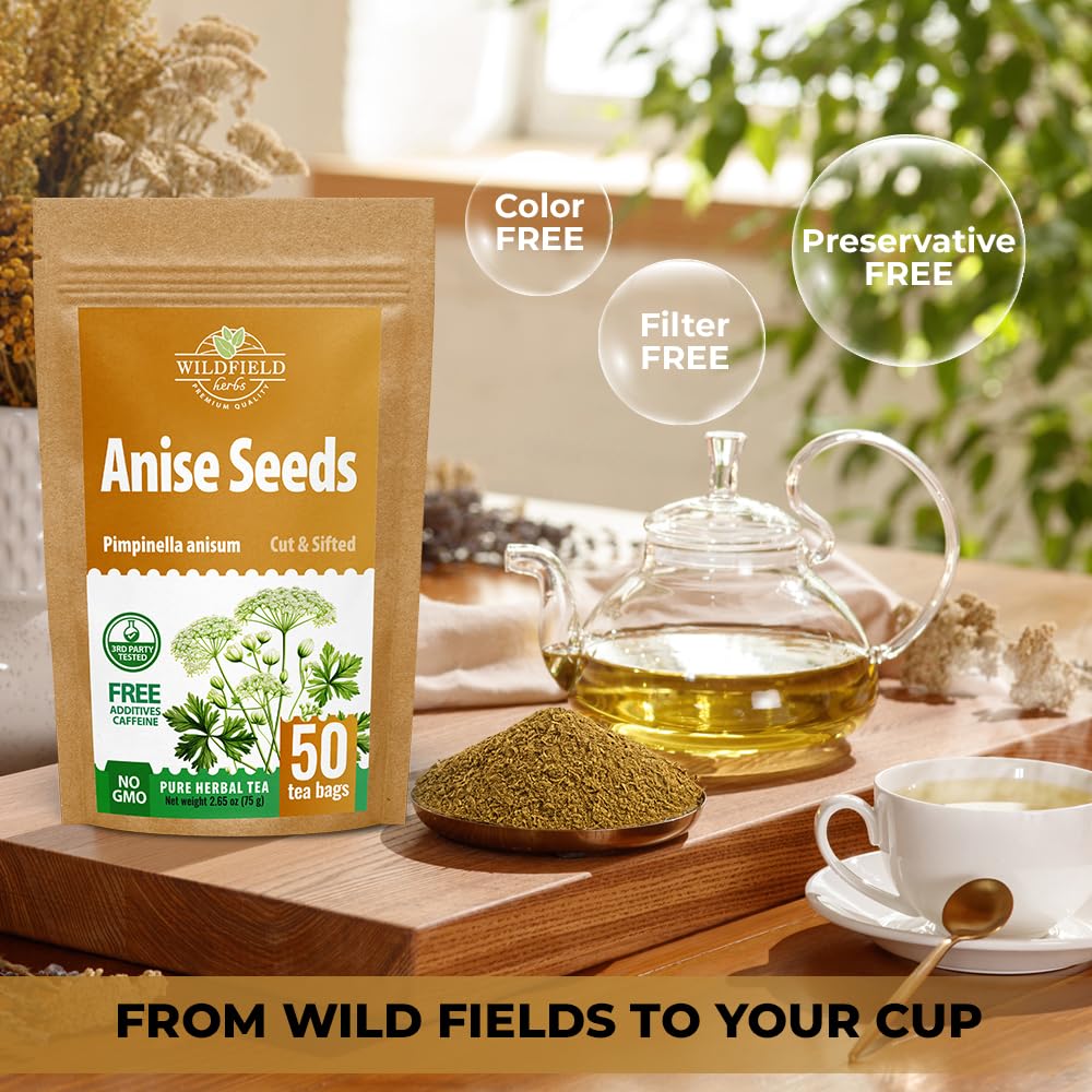 WILDFIELD HERBS brewed cup of anise tea, aromatic infusion ready to enjoy