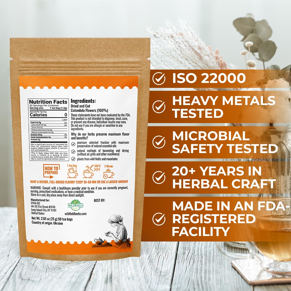 WILDFIELD HERBS brewed cup with golden calendula tea illustrating soothing appearance