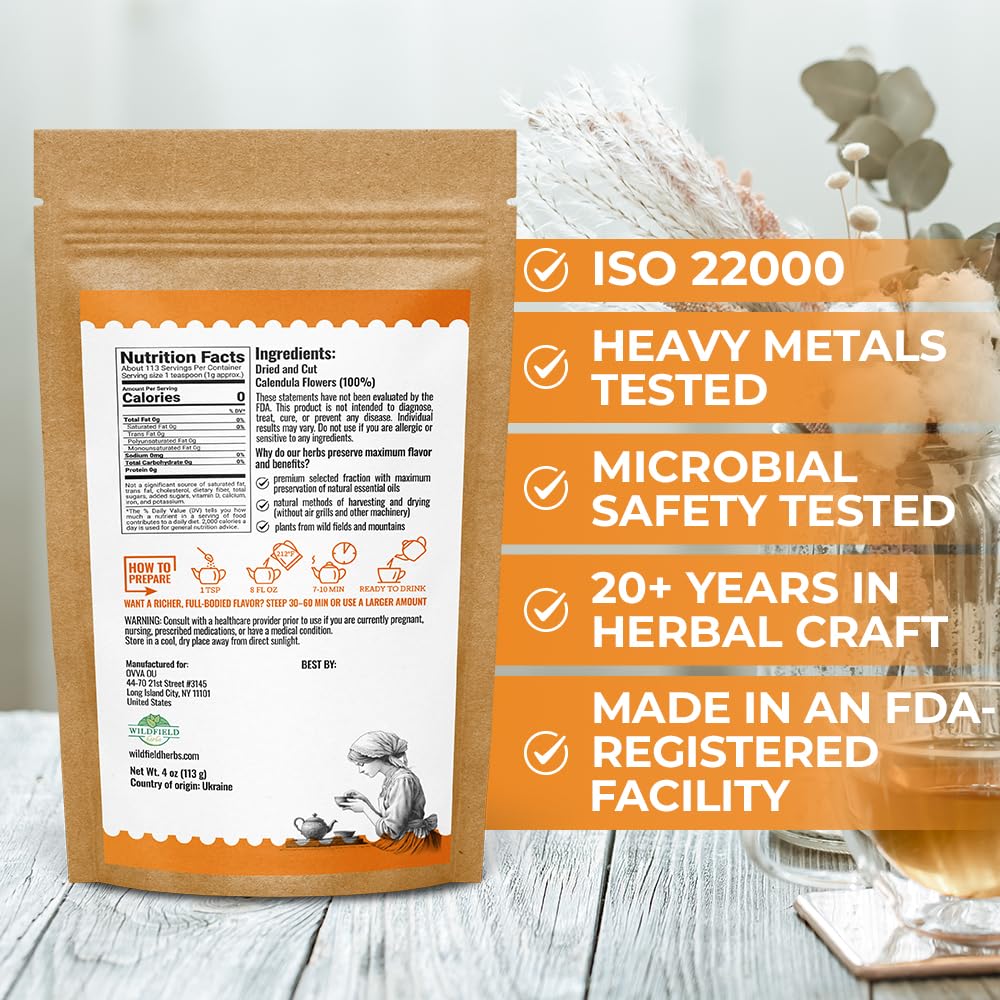 WILDFIELD HERBS brewed calendula tea in a cup showing golden color benefit pleasant flavor