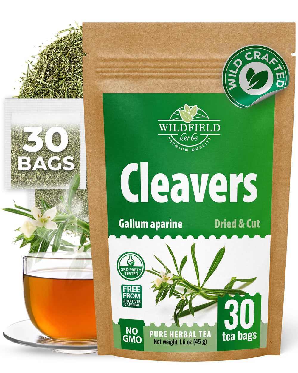 WILDFIELD HERBS boxed cleavers tea front view showing count and convenience