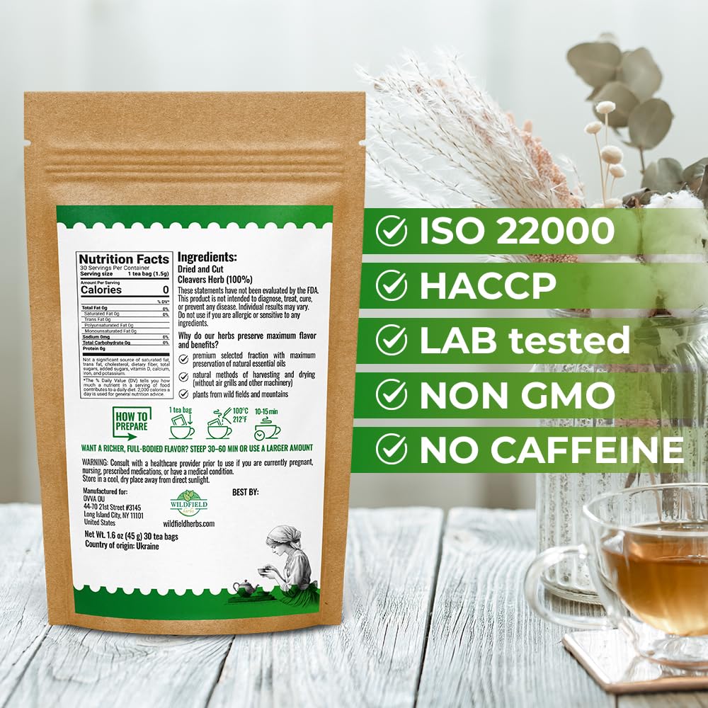 WILDFIELD HERBS cleavers tea bag close-up highlighting measured 1.5g portion