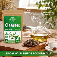 WILDFIELD HERBS brewed cleavers tea in cup illustrating warm serving