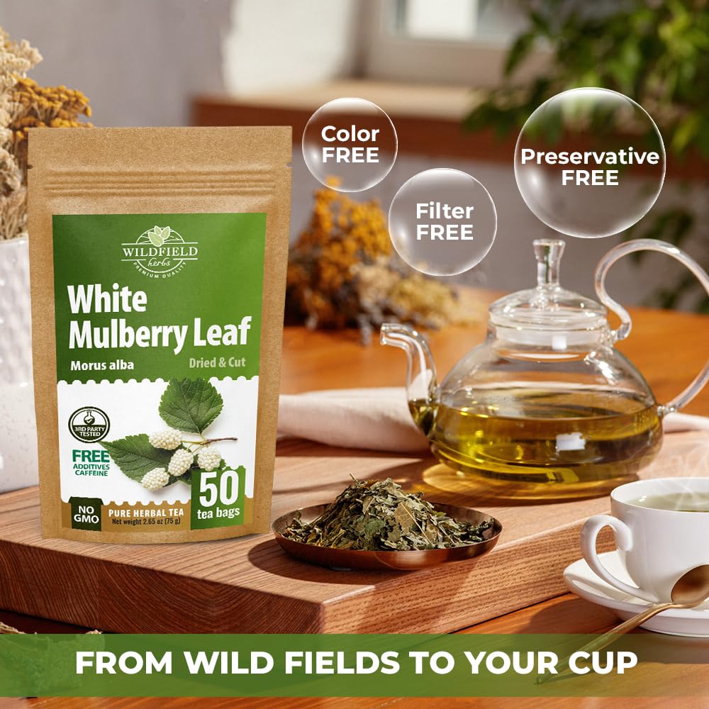 WILDFIELD HERBS cup of brewed mulberry tea served to demonstrate color and clarity