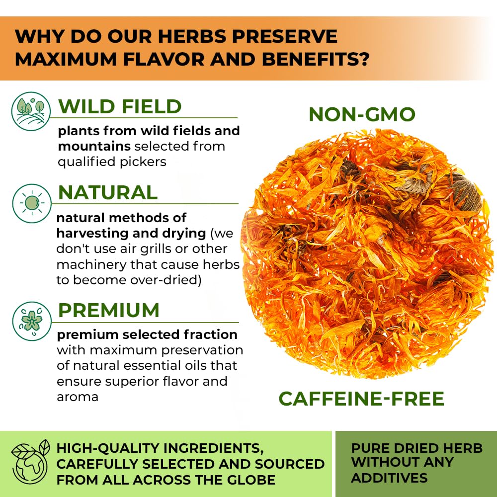 WILDFIELD HERBS heap of dried calendula flowers highlighting natural color and quality