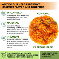 WILDFIELD HERBS heap of dried calendula flowers highlighting natural color and quality