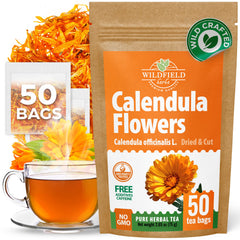 WILDFIELD HERBS front box showing 50 calendula tea bags and benefits of convenience