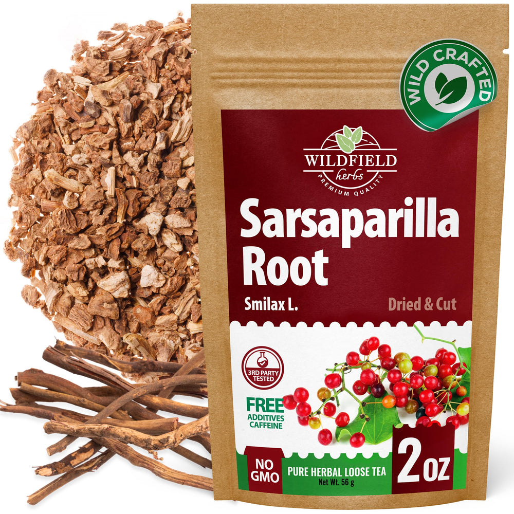WILDFIELD HERBS boxed sarsaparilla root showing fresh sealed packaging benefit freshness