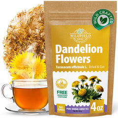 WILDFIELD HERBS front packaging showing 4 oz dandelion flowers, clear quality