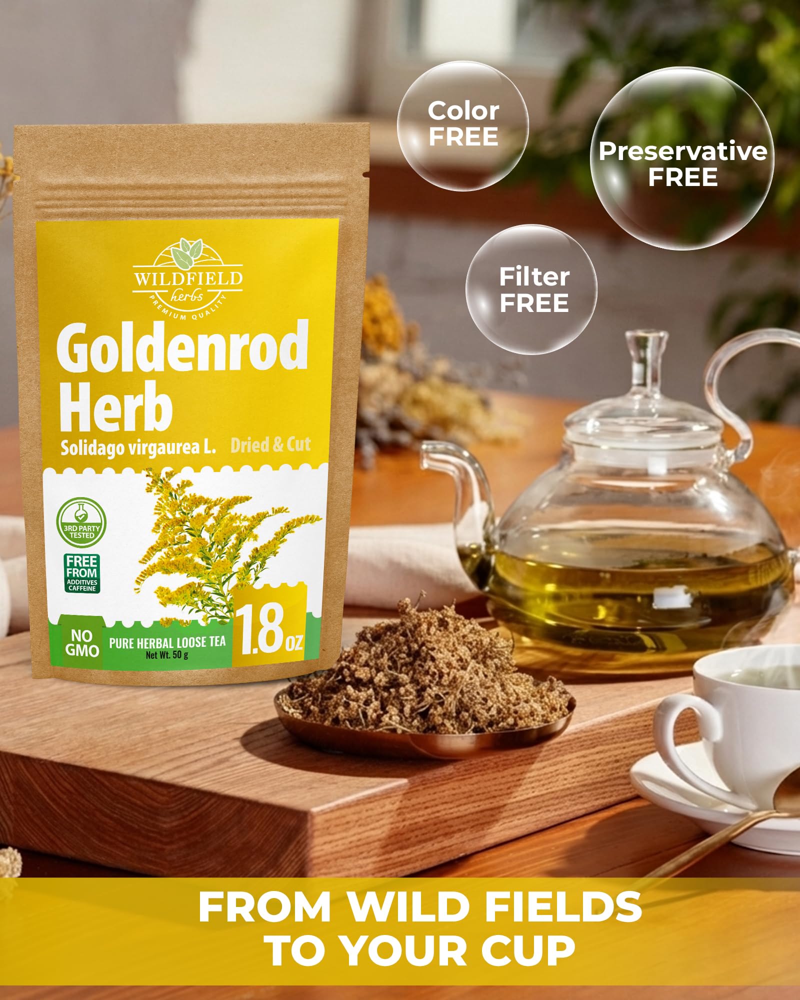 WILDFIELD HERBS 50g pouch next to coin showing small, convenient size for sampling
