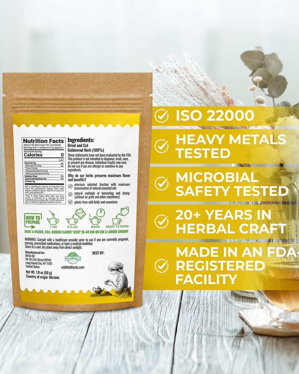 WILDFIELD HERBS brewed goldenrod tea in cup demonstrating amber color and clarity