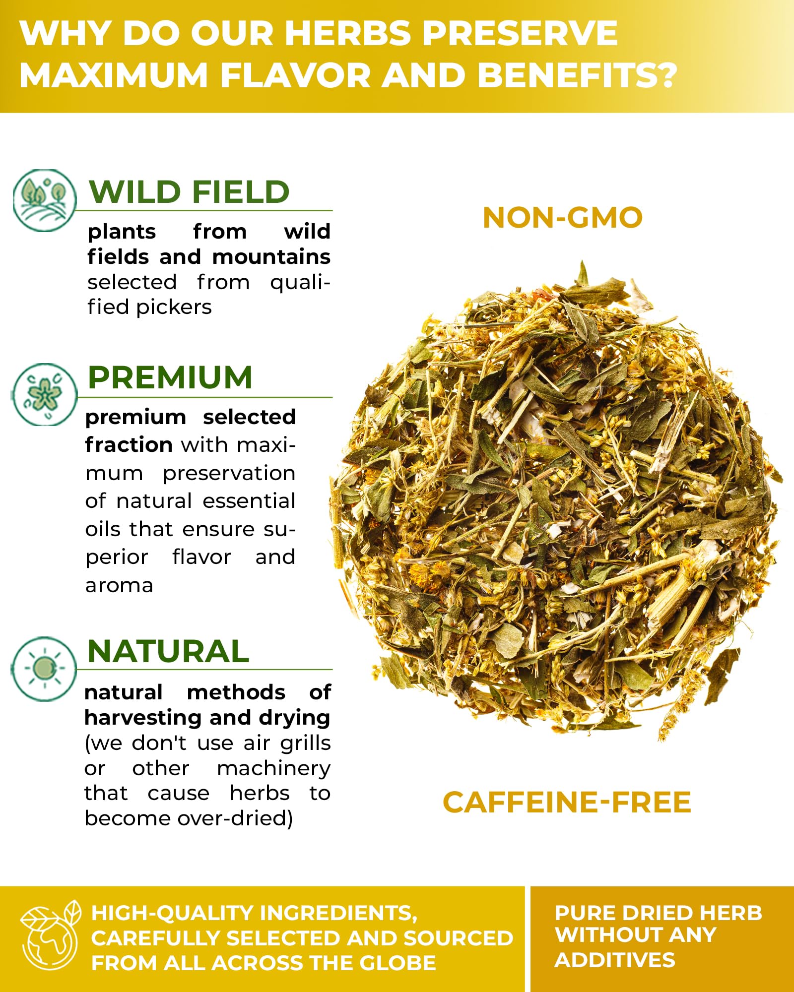 WILDFIELD HERBS detailed view of goldenrod stems and flowers showing quality of cut