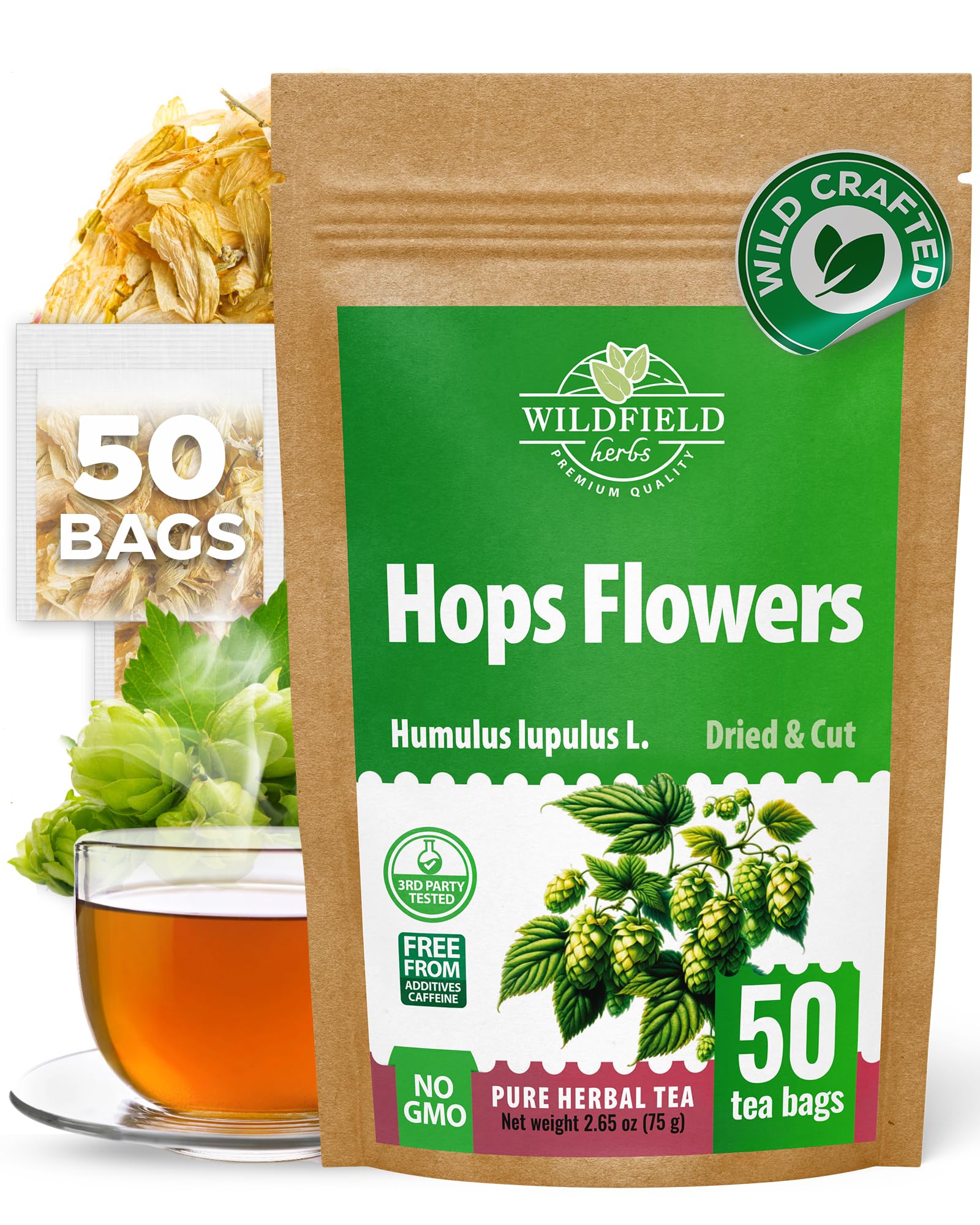 WILDFIELD HERBS box front showing 50 sealed hop tea bags and clear labeling benefit freshness
