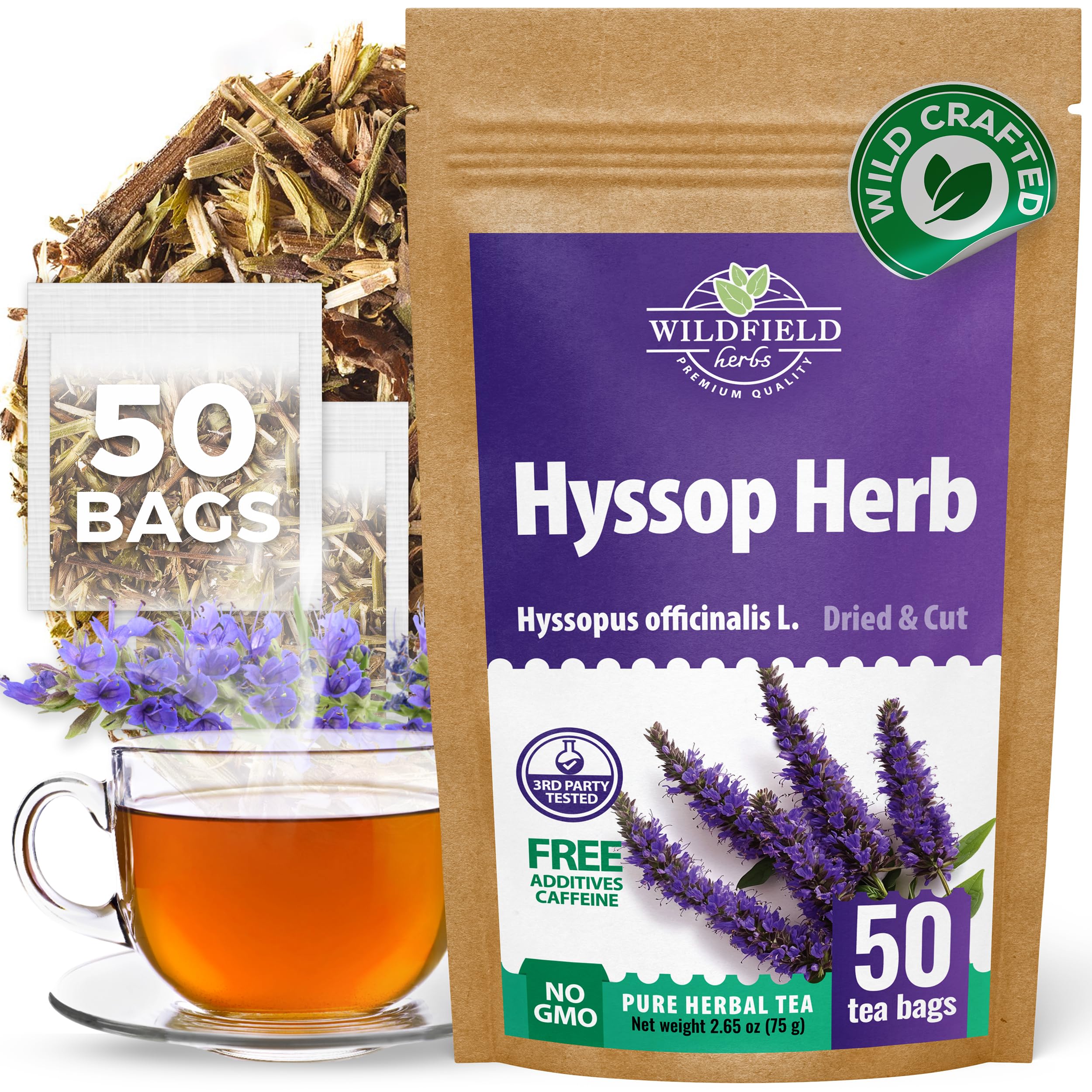 WILDFIELD HERBS front packaging showing 50 hyssop tea bags and brand