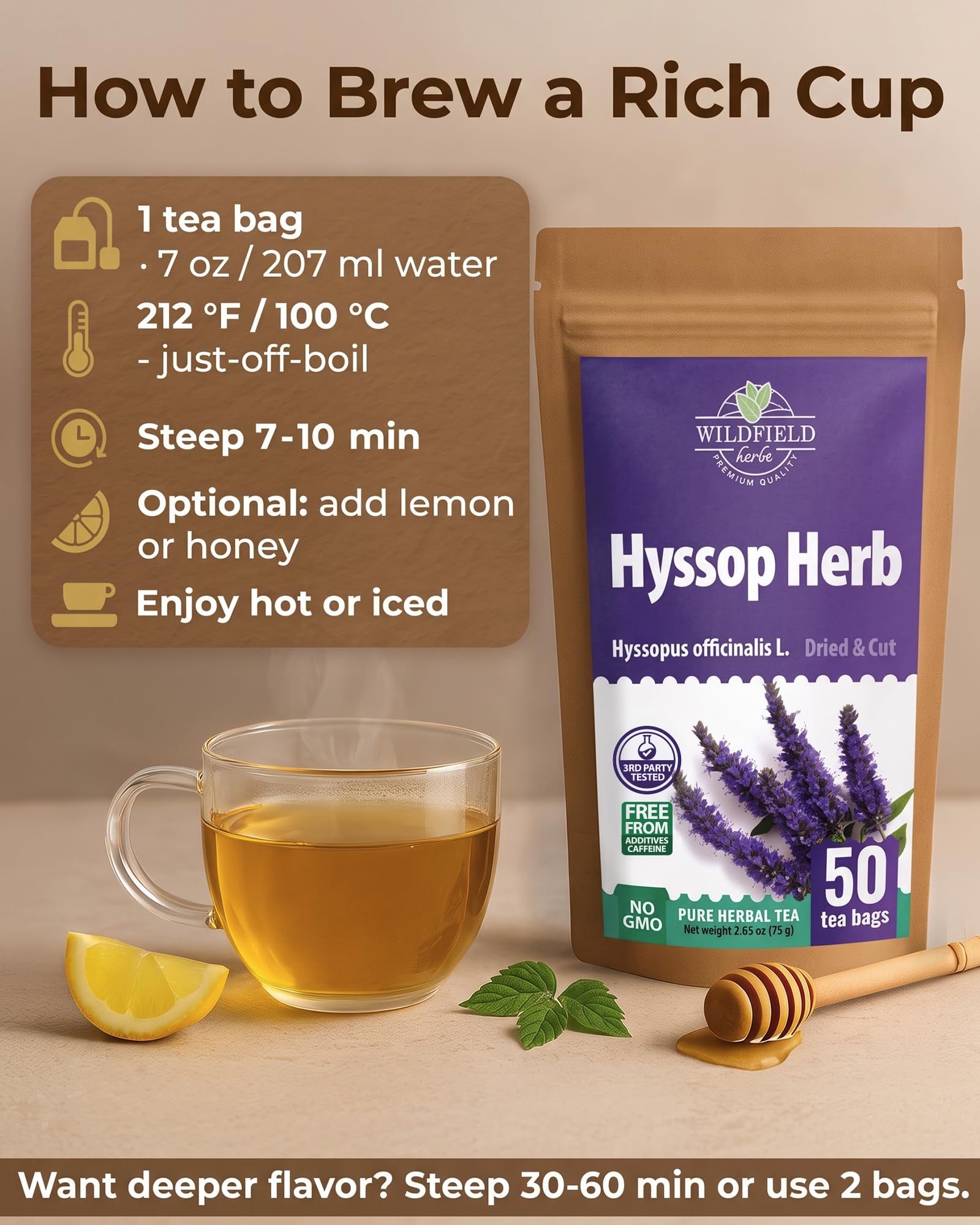 WILDFIELD HERBS hyssop beside scale illustrating approximate 48 g weight