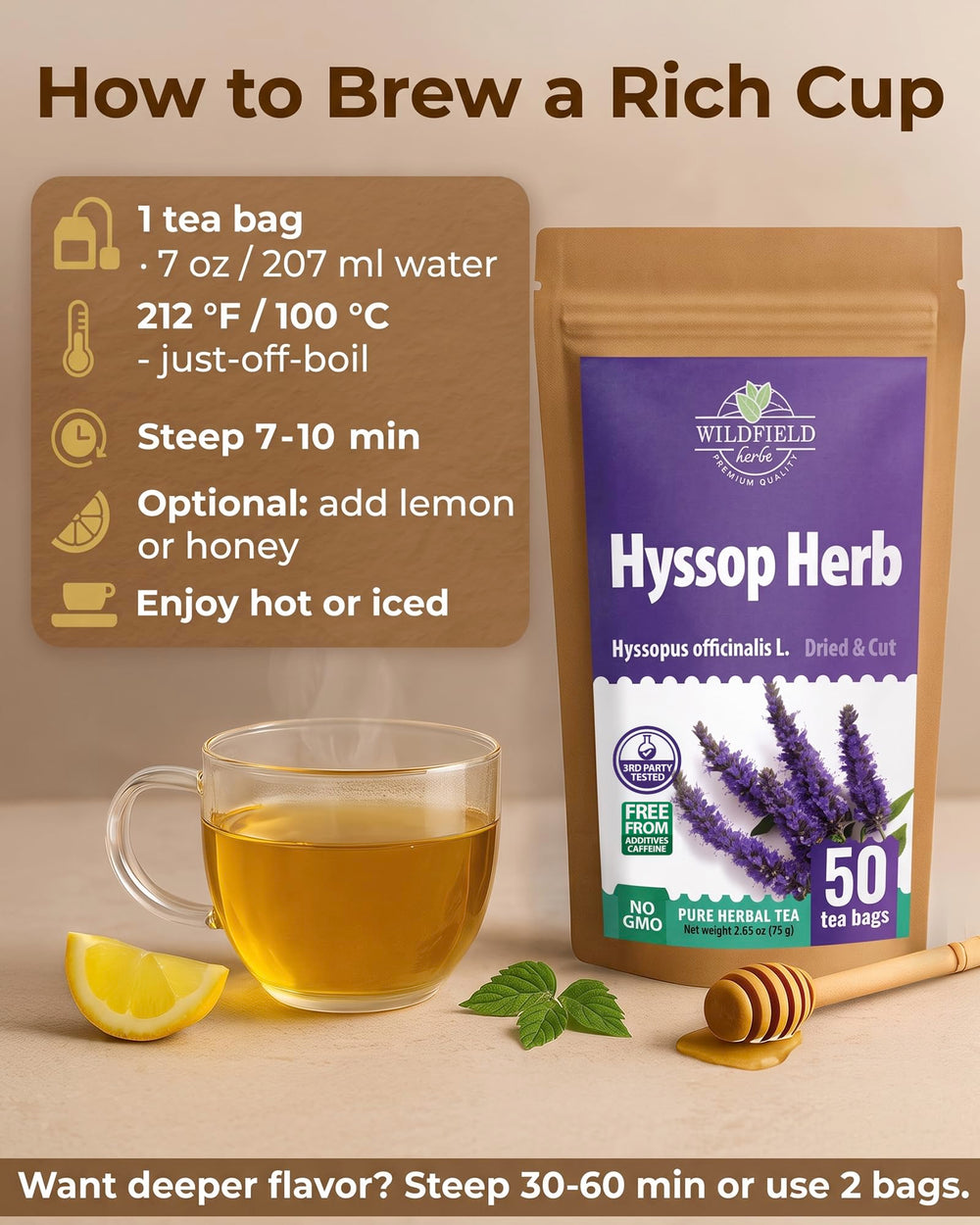 WILDFIELD HERBS hyssop beside scale illustrating approximate 48 g weight