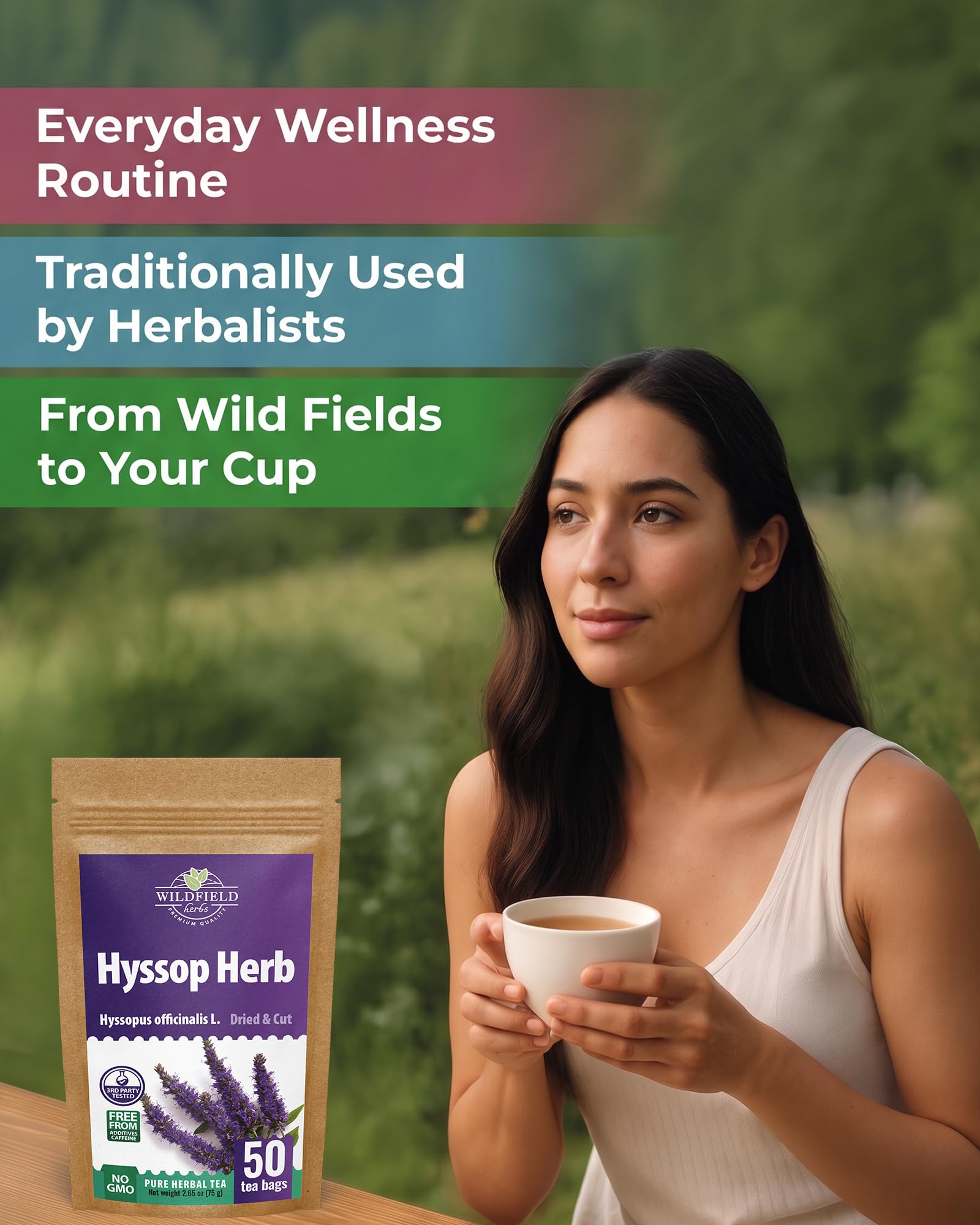 WILDFIELD HERBS close-up of a single hyssop tea bag highlighting convenience